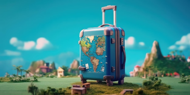 Suitcase with Earth on Blue Background Travel Around the World Concept Generative AI