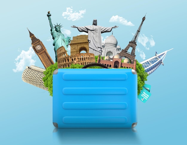 Photo suitcase with famous monuments isolated with clouds famous buildings landmarks and towers travel