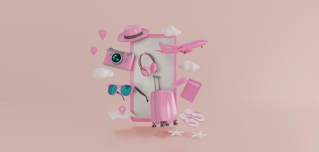 Suitcase with had and other travel essentials 3d rendering