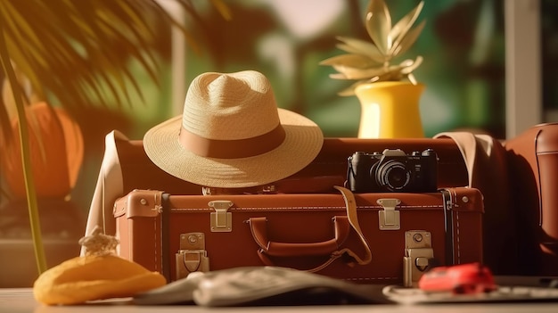 A suitcase with a hat and camera Generative AI Art