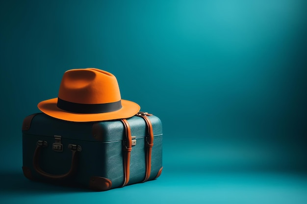 A suitcase with a hat on it and a blue background