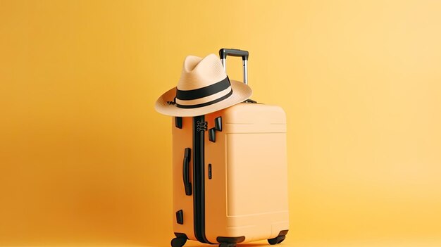 A suitcase with a hat on it and a yellow background