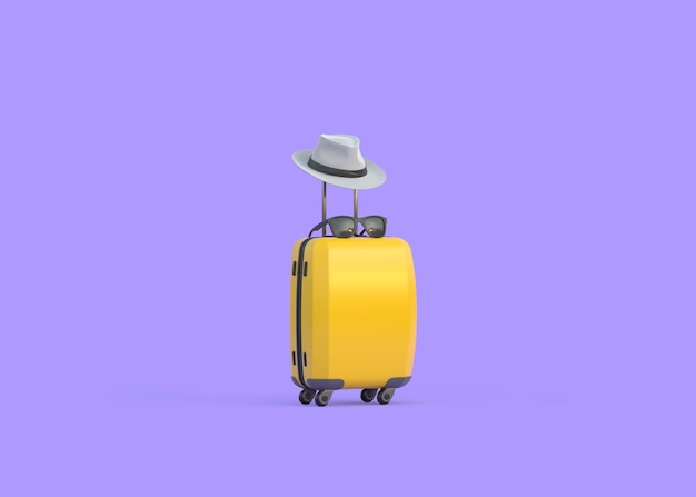 Suitcase with hat and sunglasses on a purple background 3D render illustration