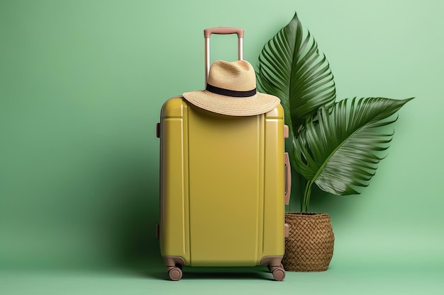 Suitcase with Hat and Tropical Leaves Generative AI