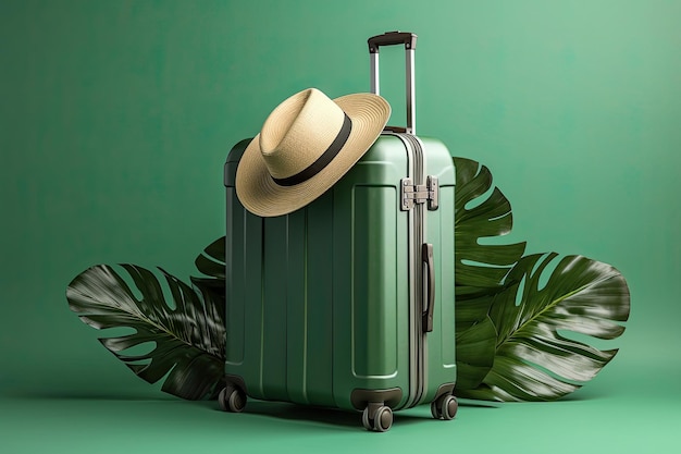 Suitcase with Hat and Tropical Leaves Generative AI