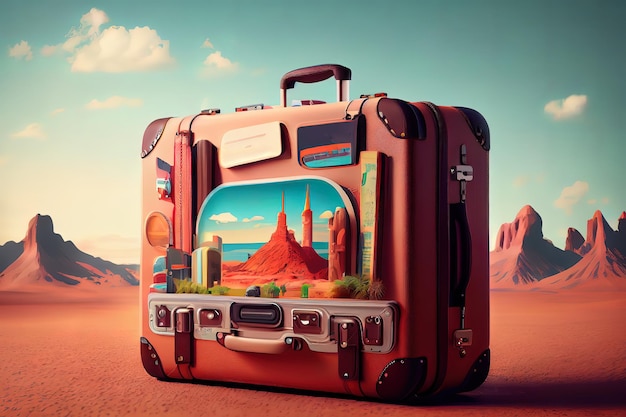 Suitcase with landmarks background in realistic style Generative Ai