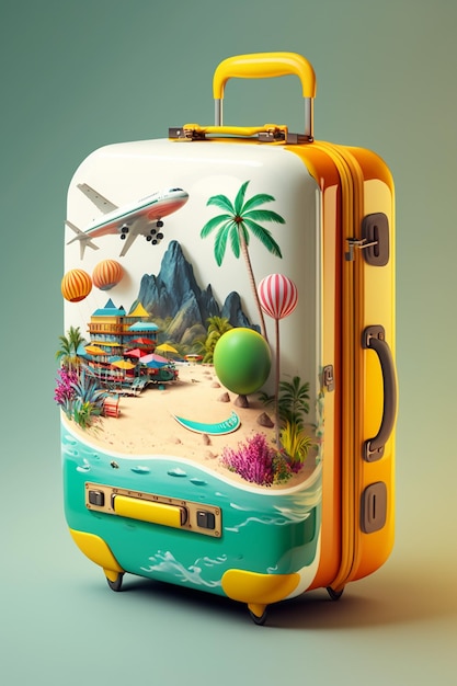 A suitcase with a picture of a beach and a plane on it.