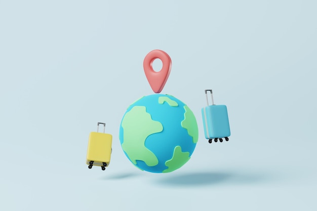 Suitcase with pin location on globe blue background business\
trip travel concept 3d rendering