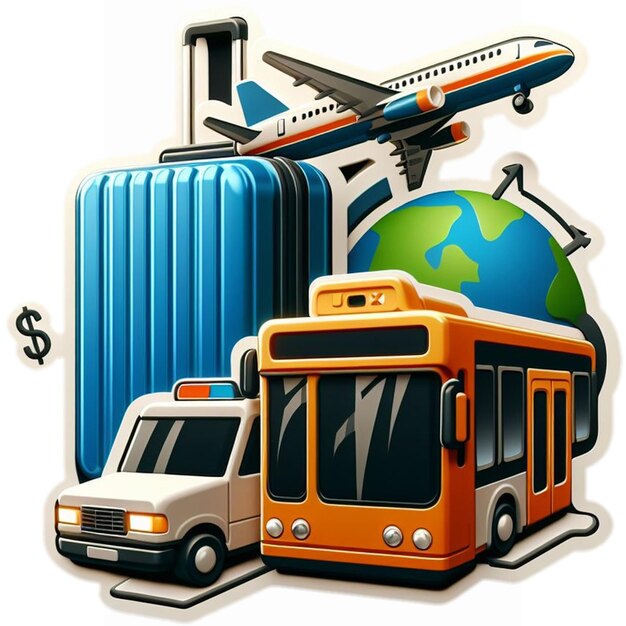 Photo a suitcase with a plane bus and metro company for social media template design post banner