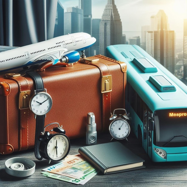 A suitcase with a plane bus and metro company For social media template design post banner