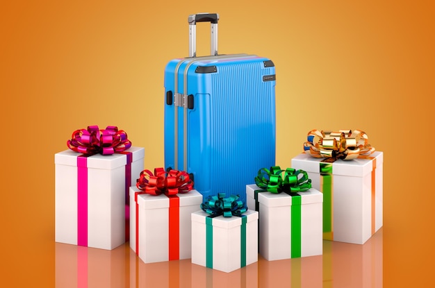Suitcase with spinner wheels and telescoping handle and gifts 3D rendering