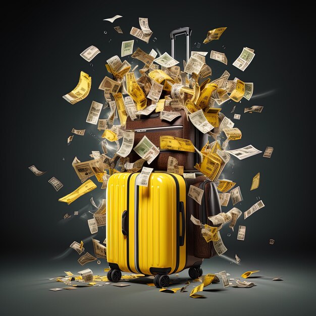 a suitcase with a suitcase full of money and a suitcase with a tag of money on it