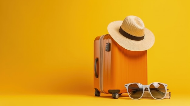 Suitcase with Sun Hat on yellow background Illustration AI Generative