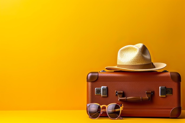 suitcase with sunglasses and hat on so