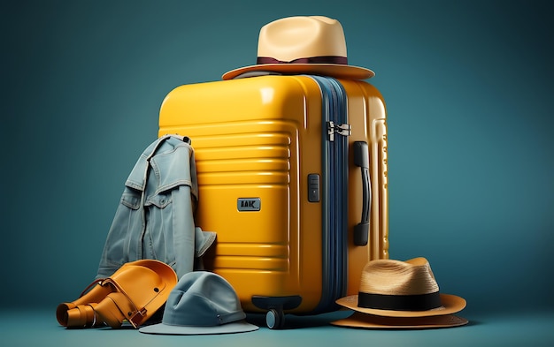 Suitcase with travel accessories background