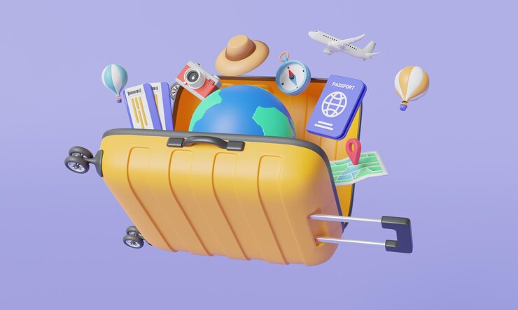 Photo suitcase with travel equipment floating on purple background vacation and travel concept luggage trips and flights abroad journey travel and tourism booking trip 3d icon render illustration
