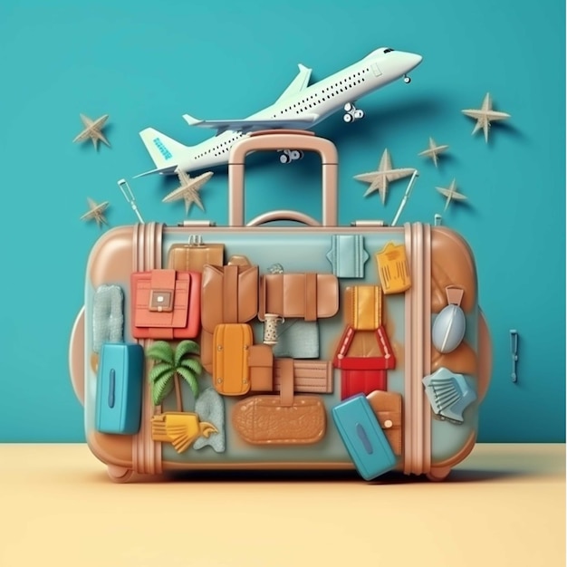 Suitcase with travel items 3d illustration Blue background