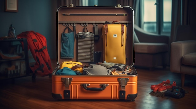 Suitcase with various travel items on the floor in the roomgenerative ai