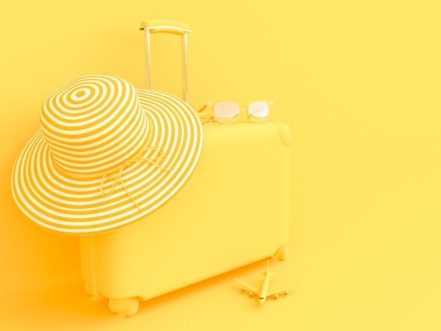 Suitcase yellow color with sunglasses with hat. summer concept and minimal style