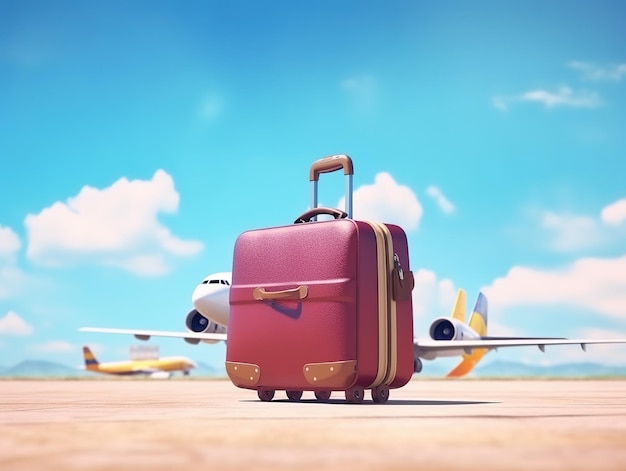 空港の出発ラウンジのスーツケース 背景の飛行機 夏休みのコンセプト