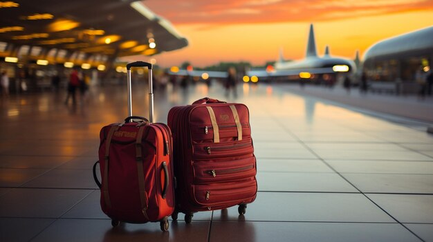 空港の出発ラウンジのスーツケース 背景の飛行機 休暇のコンセプト 旅行者