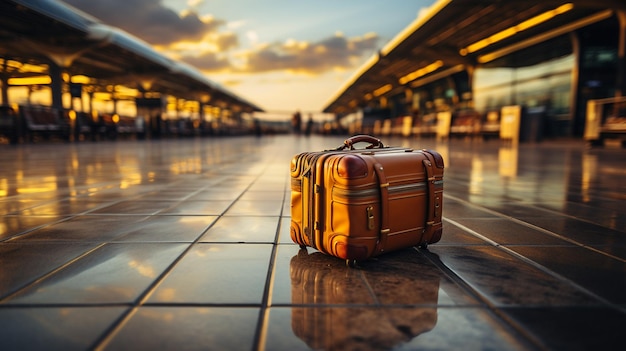空港の出発ラウンジのスーツケース 背景の飛行機 休暇のコンセプト 旅行者