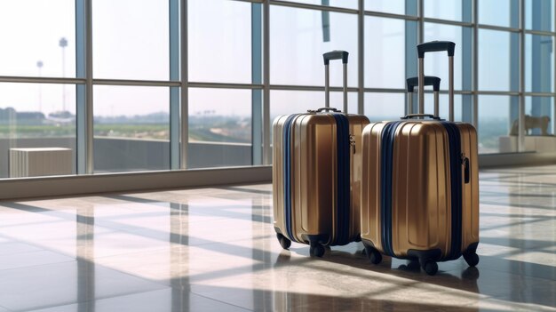 Suitcases in airport departure loungeWindow sunlight background Created with Generative AI technology