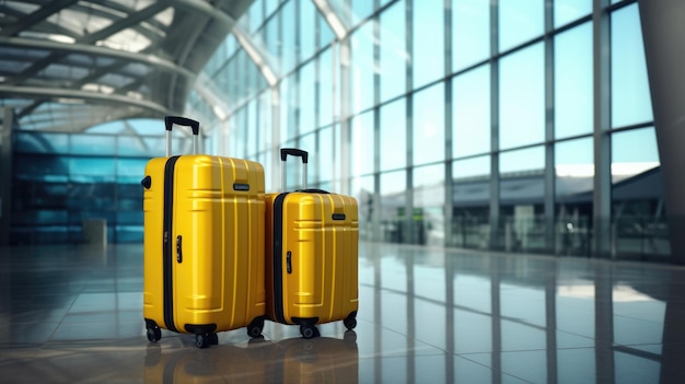 Suitcases in airport departure loungeWindow sunlight background Created with Generative AI technology