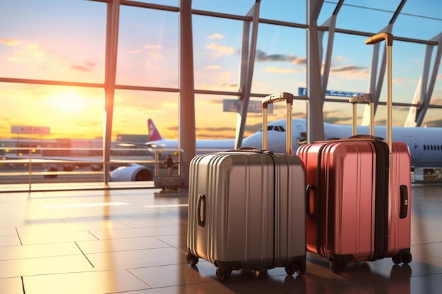 Suitcases in airport Travel concept 3d rendering