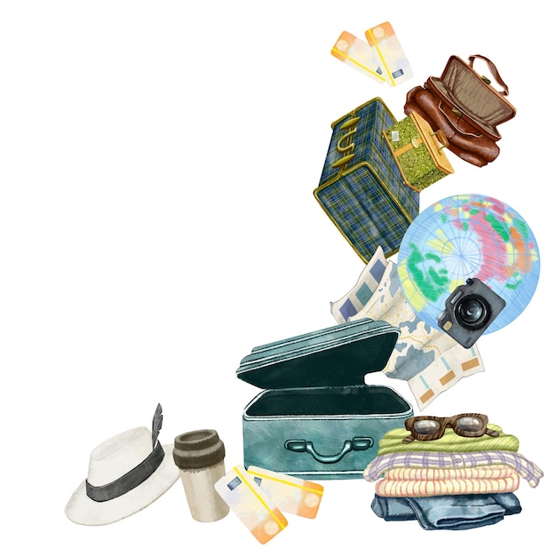 suitcases bags backpacks globes and other items for travel composition of tourist attributes