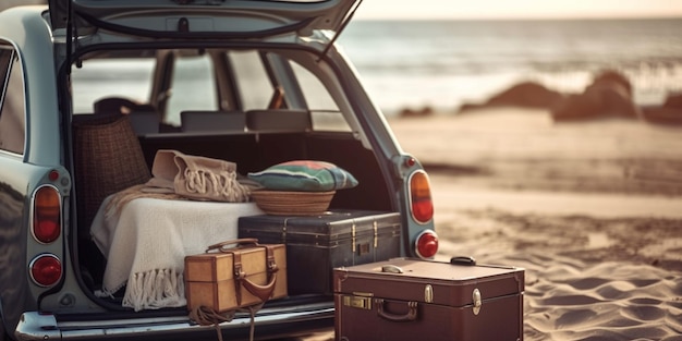 Suitcases and bags in trunk of car ready to depart for holidays Moving boxes and suitcases in trunk of car outdoors trip travel sea car on the beach with sea on background