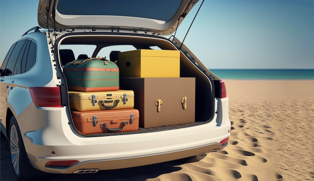 Suitcases and bags in trunk of car ready to depart for holidays