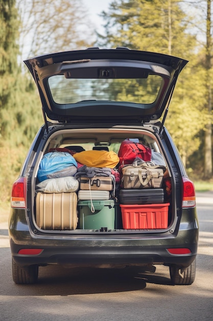 Suitcases and bags in trunk of car ready to depart for holidays