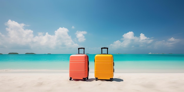 ビーチでの休暇のスーツケース 海とビーチの砂を背景に明るい手荷物スーツケース