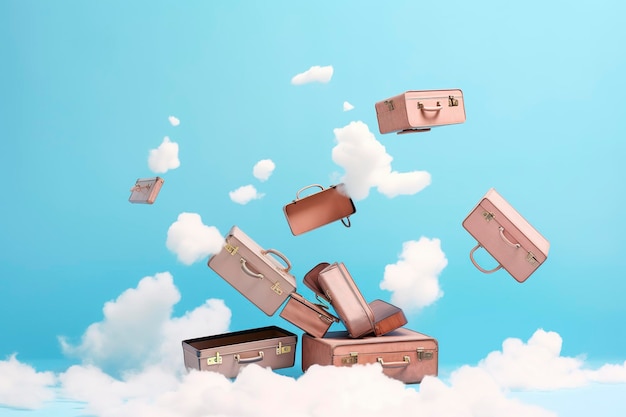 Suitcases flying through the air floating air vacation concept Ai generated
