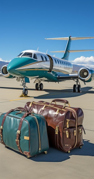 чемоданы перед частным самолетом на взлетно-посадочной полосе