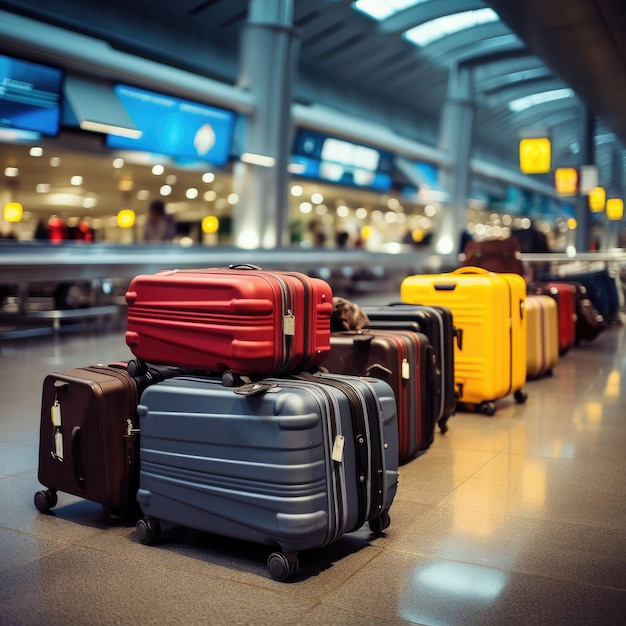 Suitcases on luggage conveyor belt at airport terminal Generative ai