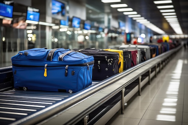 Photo suitcases on luggage conveyor belt at airport terminal generative ai