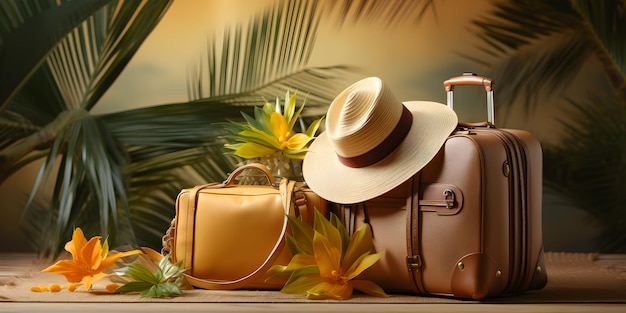 Suitcases luggage with a straw hat tropical flowers and palm branches on yellow sunny wall background Summer and travel concept banner Vacations tourist agency and visiting tourist places