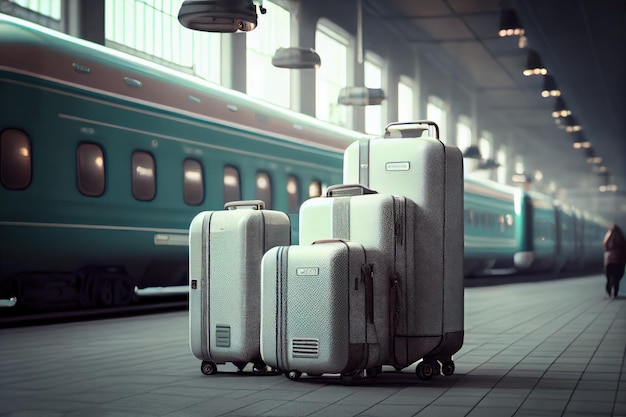 Suitcases for traveling by plane on trolley to checkin created with generative ai