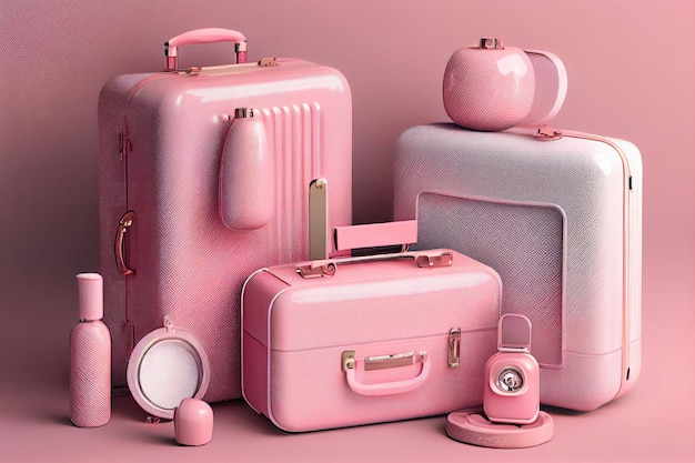 Чемоданы для путешествий розового стильного багажа с косметикой и аксессуарами