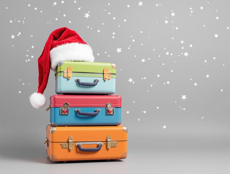 Photo suitcases with santa hat on a snowy colorful background