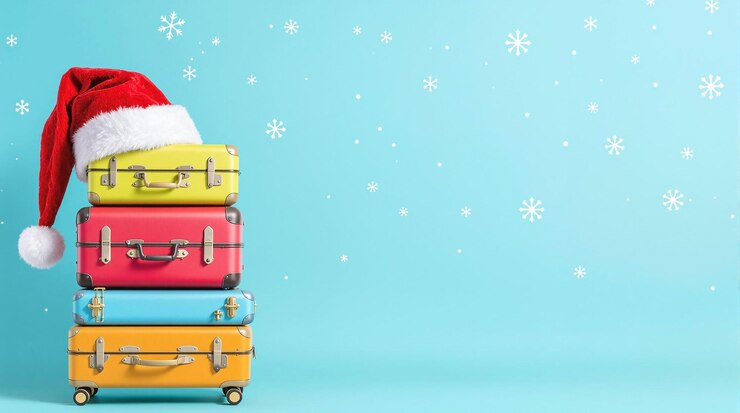 Photo suitcases with santa hat on a snowy colorful background
