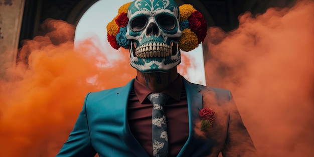 Suited day of the dead skull adorned with flowers standing in the smoke Generative AI