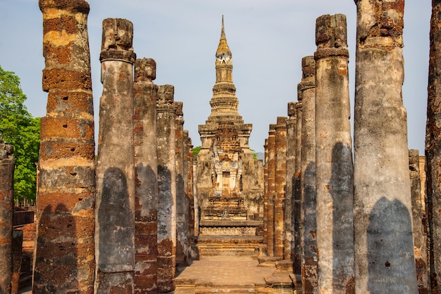 Sukhothai Wat Mahathat Buddha statues at Wat Mahathat ancient capital of Sukhothai, Thailand. Sukhothai Historical Park is the UNESCO world heritage.