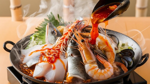 Морские блюда сукияки, подаваемые с острым соусом суки