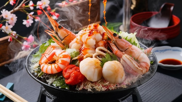 Photo sukiyaki seafood served with suki spicy sauce