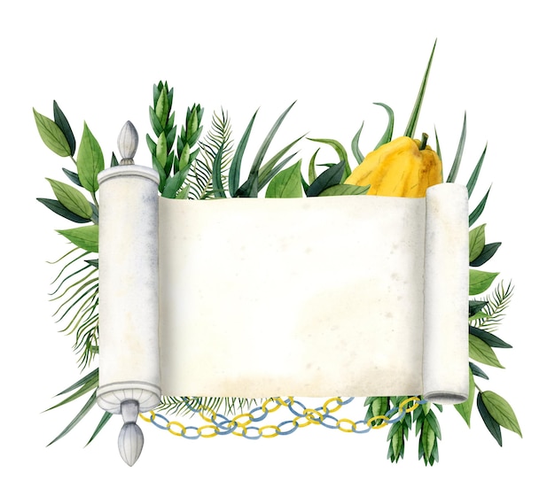 Sukkot banner template with blank Torah scroll and symbols watercolor illustration Four species