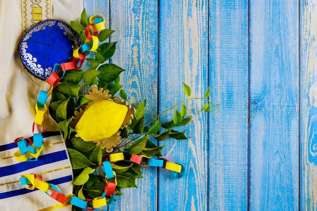 Sukkot in Etrog yellow citron of traditional symbols religion of Jewish festival