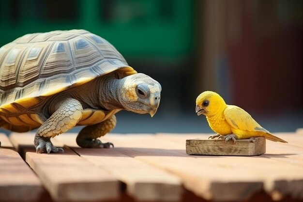 Foto tartaruga sulcata e uccello forpus